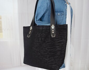 Black cowhide embossed tote bag, Black embossed cowhide shoulder bag,EveryDay Bag, Travel Bag, Campus Bag, Bohemian