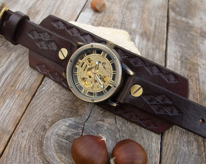 Mens Steampunk Watch Chocolate Brown Leather Cuff Watch Etsy