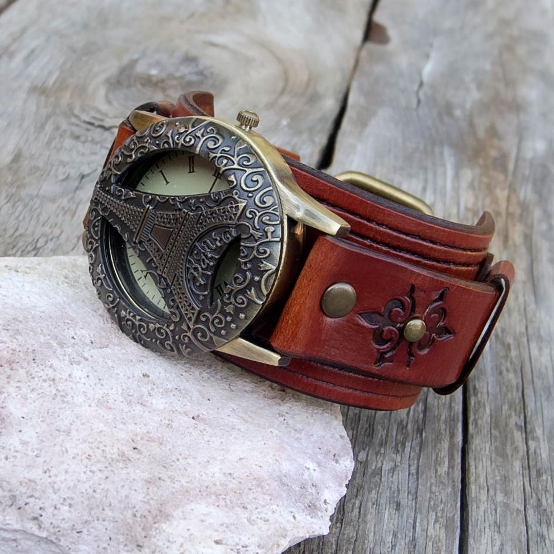 Women Leather Cuff Watch, Paris Wrist Watch, British Tan Openable Cover