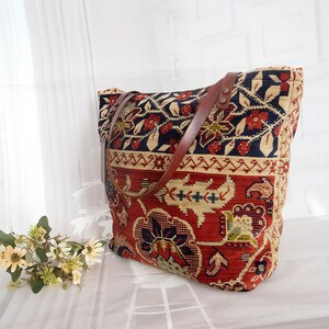 Silk carpet shoulder bag, Floral gypsy tote bag, Floral silk rug shoulder bag, Let life surprise you, Weekender, Traveller image 4