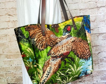 Large  carpet tote bag, Pheasant pattern everyday tote bag, Weekender rug bag , Travel bag