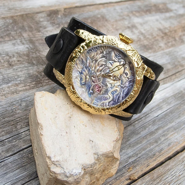 Leather cuff watch, Men's luxury  cuff watch, Men's dragon design wrist watch, Urban chic watch, Embossed dial and case