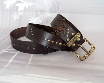 Men's leather belt, Dark brown antique bronze studded handcrafted leather belt,  Embossed and distressed full grain leather belt