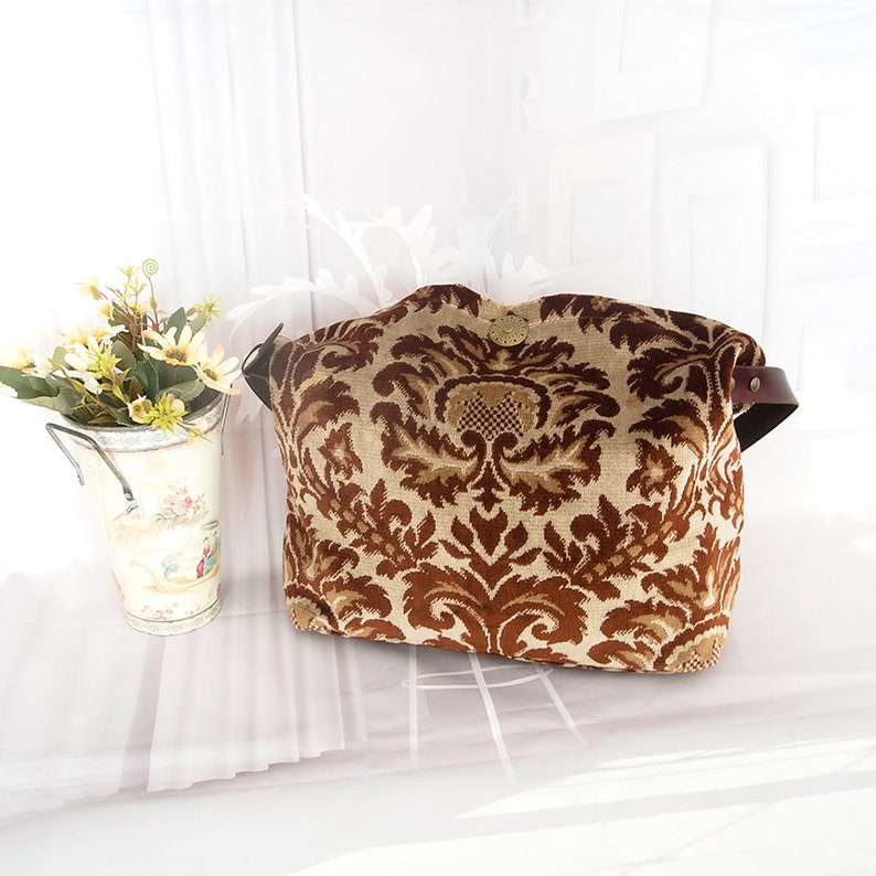 Baroque pattern carpet bag, Shoulder silk carpet bag, Brown floral crossbody carpet bag image 6