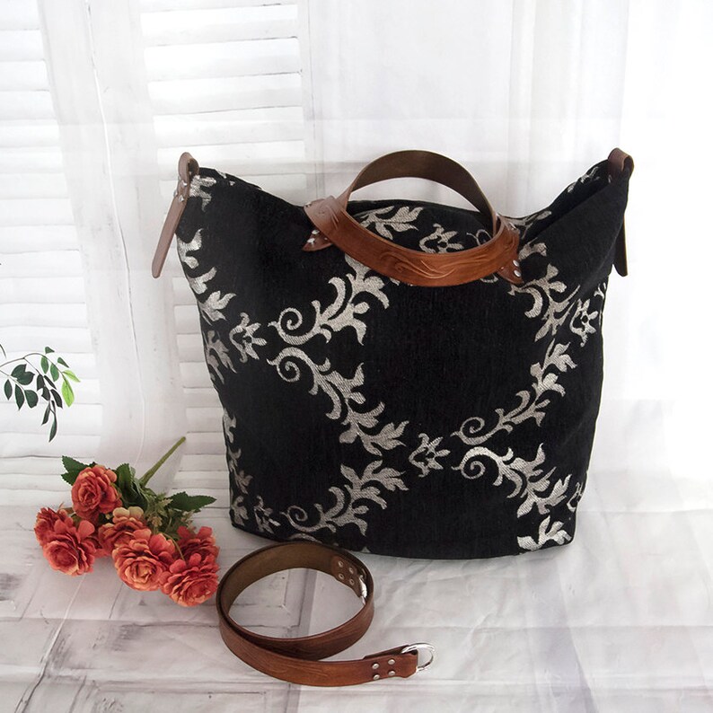 Black French tapestry bag, Large French floral tote bag, Tapestry soulder bag, Floral gobelin weekender bag image 3