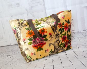Baroque style carpet and leather tote bag, Large Carpet and buffalo leather shoulder bag, Baroque style Travel bag, Weekender bag