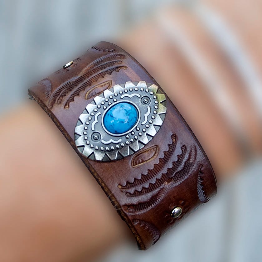 Leather cuff, Western style  wristband, Leather cuff bracelet, Boho, Dark brown, Hand tooled, Concho with turquoise stone
