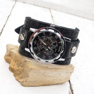 Mens Leather watch, Steampunk Transparent Men's Mechanical Wrist Watch, Leather cuff watch, Skeleton Wrist Watch image 1