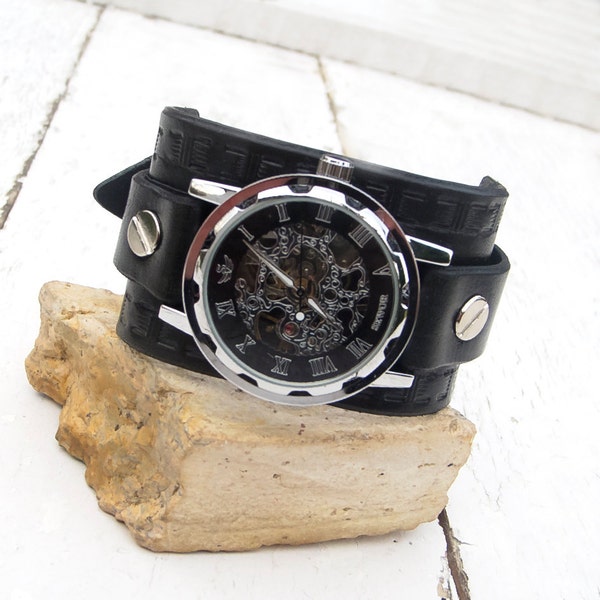 Mens Leather watch, Steampunk Transparent Men's Mechanical Wrist Watch, Leather cuff watch, Skeleton Wrist Watch