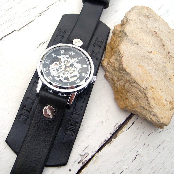 Leather Male Mechanical Watch Men Automatic Steampunk Watch Mens Skeleton Watches Bronze Transparent Vintage Sport Wristwatch, Men's, Size: One size