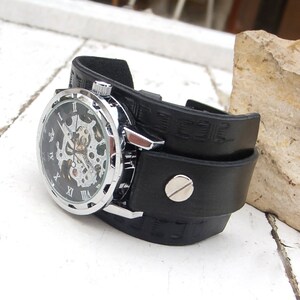 Mens Leather watch, Steampunk Transparent Men's Mechanical Wrist Watch, Leather cuff watch, Skeleton Wrist Watch image 3