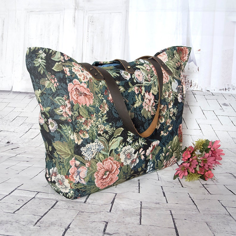 Vintage rose large tapestry tote bag, Tapestry shoulder bag, Beach bag, Floral gobelin tote bag, Gypsy shopper bag, Weekender, Travel bag image 2