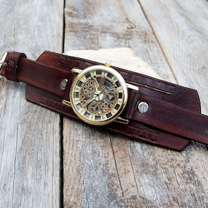 Mens Leather watch, Sleleton Gold Dial wrist watch,  Steampunk mechanical cuff watch,  Dark brown Hand winding  wrist watch