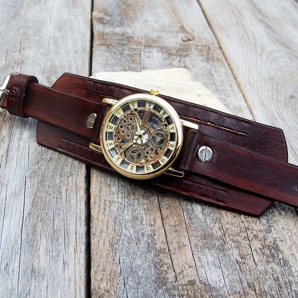 Reloj de cuero para hombre, reloj de pulsera Sleleton Gold Dial, reloj de pulsera mecánico Steampunk, reloj de pulsera de cuerda manual marrón oscuro