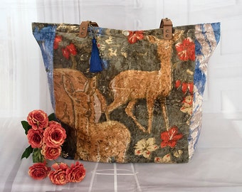 Large  woodland pattern carpet bag, Velvet carpet tote bag, Velvet tapestry handbag, Boho carpet bag , Weekender, Travel bag