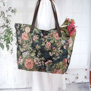 Vintage rose large tapestry tote bag, Tapestry shoulder bag, Beach bag, Floral gobelin tote bag, Gypsy shopper bag, Weekender, Travel bag image 3