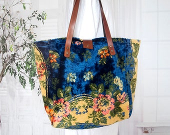 Large floral velvet carpet tote bag, Exotic gypsy carpet shoulder bag, Everyday large carpet bag, Floral hippie velvet carpet tote,