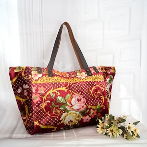 Large silk carpet bag, Exotic silk Carpet tote bag, Floral pattern silk Mokett rug bag, Gipsy carpet bag