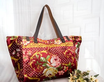 Large silk carpet bag, Exotic silk Carpet tote bag, Floral pattern silk Mokett rug bag, Gipsy carpet bag