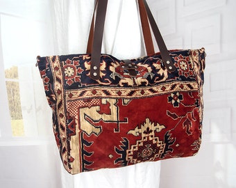 Large Carpet shoulder bag, Silk Carpet tote bag, Large Everyday velvet rug bag, Shopper, Weekender, Travel, Boho Chic carpet bag