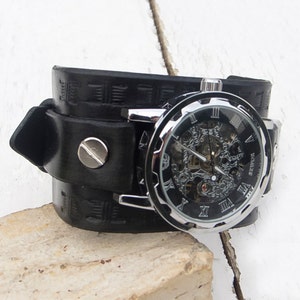 Mens Leather watch, Steampunk Transparent Men's Mechanical Wrist Watch, Leather cuff watch, Skeleton Wrist Watch image 5