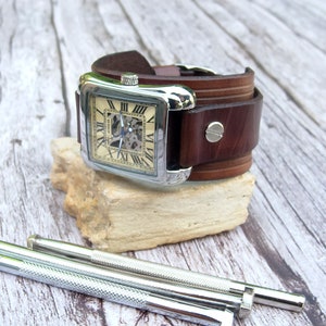 Mens Skeleton Wrist Watch, Square Mechanical leather cuff watch, Steampunk Watch, Men Automatic Mechanical Wristwatches