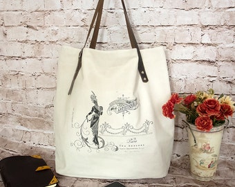 Large LeatherTote Bag with Edwardian style Print, Shopper Bag, Travel Bag, Bohemian ivory color shoulder Bag for Everyday