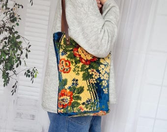 Fluwelen draagtas met bloemenmotief, tapijttas met bloemenpatroon, romantische draagtas