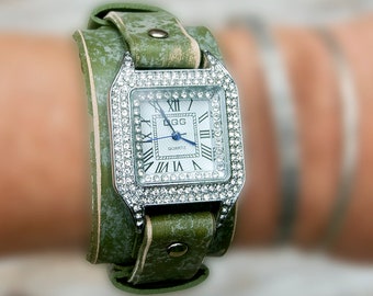 Women wrist watch, Leather cuff diamond watch for women, Avocado color Dream watch, Squere cuff watch