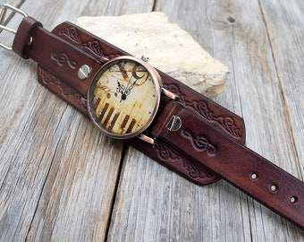 Women's leather watch, Leather cuff watch, Chocolate brown cuff watch, Vintage copper Music watch