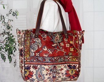 Persian flower carpet bag, Large persian pattern carpet tote bag, Large Shopper, Weekender, Travel bag, Boho Chic carpet bag