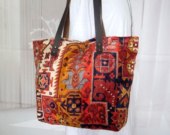 Kilim style carpet shoulder bag, Boho carpet tote bag, Everyday tote rug bag,  Weekender, Travel bag, Chic carpet bag