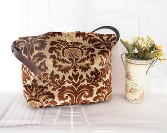 Baroque pattern carpet bag, Shoulder silk carpet bag, Brown floral crossbody carpet bag