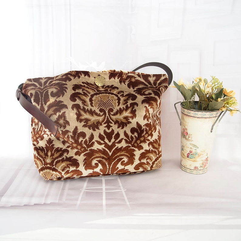 Baroque pattern carpet bag, Shoulder silk carpet bag, Brown floral crossbody carpet bag image 1