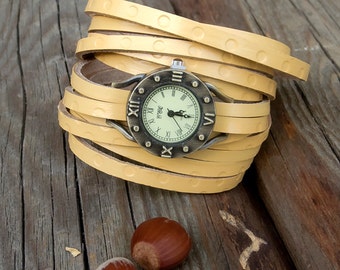 Womens leather cuff watch, Summer wrist watch, Boho women watch, Wrap around yellow watch, Vintage antique bronze wrist watch