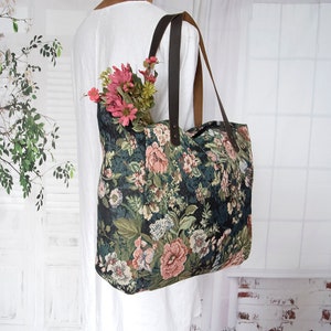 Vintage rose large tapestry tote bag, Tapestry shoulder bag, Beach bag, Floral gobelin tote bag, Gypsy shopper bag, Weekender, Travel bag image 5