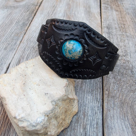 Hand Tooled Black Leather Bracelet, Leather and Azure Jasper Hand Tooled Black Leather Bracelet, Leather and Azure Jasper