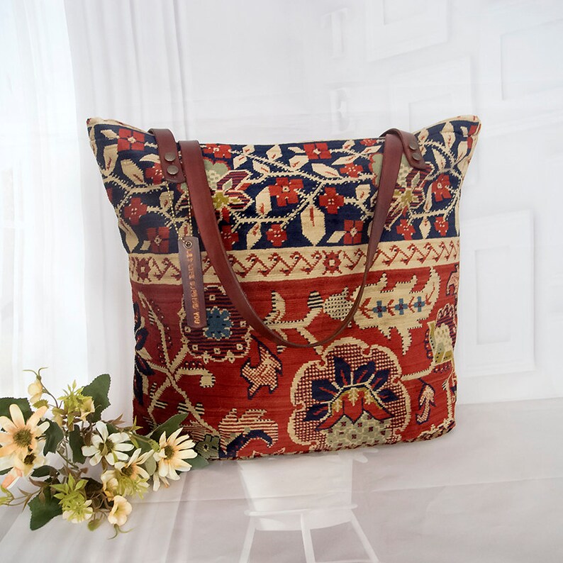 Silk carpet shoulder bag, Floral gypsy tote bag, Floral silk rug shoulder bag, Let life surprise you, Weekender, Traveller image 5