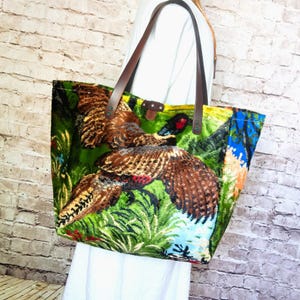 Pheasant pattern carpet tote bag, Large everyday tote bag from vintage carpet, Weekender, Travel bag,  Upcycled Vintage carpet bag