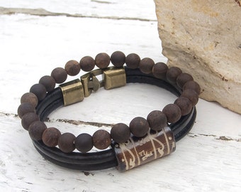 Leather bracelet set, Mens Agarwood Aquilaria mala bracelet, Leather mala bracelet set, Yoga, Meditation, Boho bracelet set for men