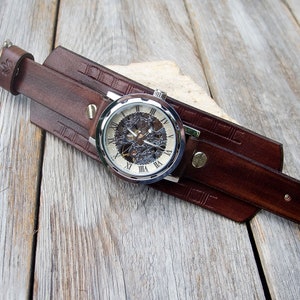 Dark brown Skeleton watch,  Engrave Silver Dial Skeleton wrist watch, Mechanical Wrist Watch Leather cuff watch, Skeleton Wrist Watch