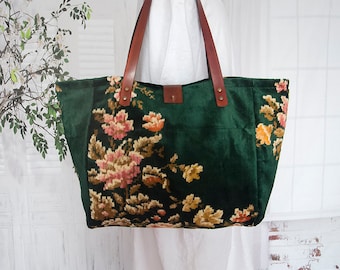 Large floral silk carpet tote bag, Exotic gypsy rug shoulder bag, Everyday large dark green carpet bag, Floral hippie silk carpet tote