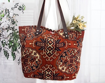 Grande borsa tote in tappeto di velluto esotico, borsa a tracolla per tappeti Boho, Large Shopper, Weekender, Viaggio, borsa per tappeti Boho Chic