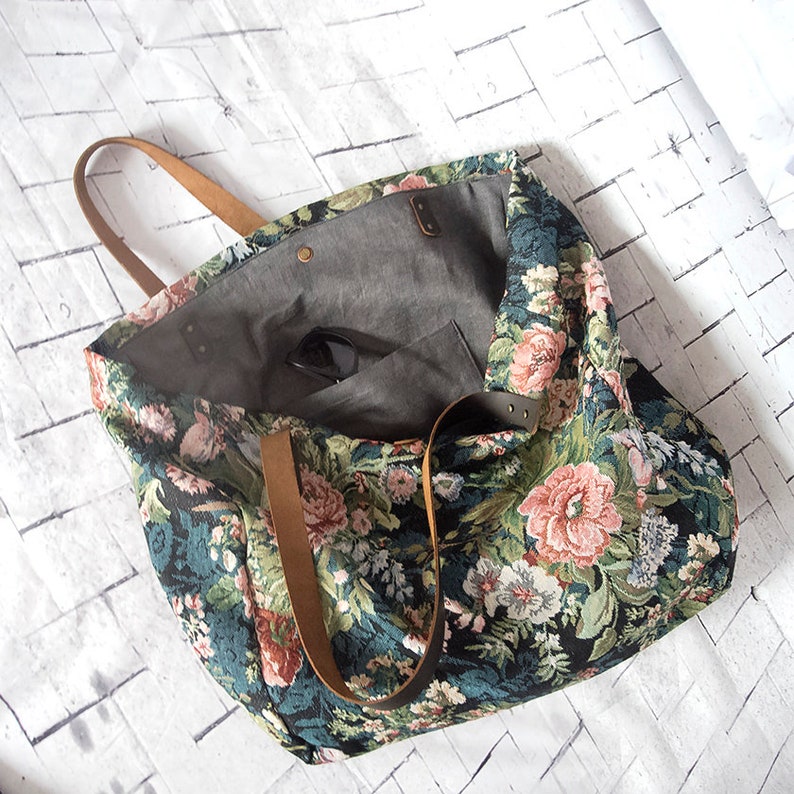 Vintage rose large tapestry tote bag, Tapestry shoulder bag, Beach bag, Floral gobelin tote bag, Gypsy shopper bag, Weekender, Travel bag image 7