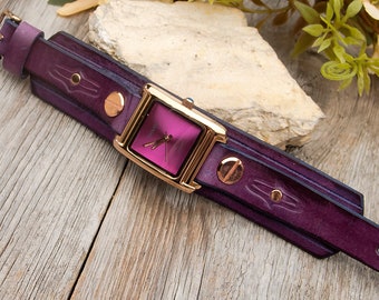 Women's leather watch, Women eggplant color wrist watch, Women leather cuff watch, Squere cuff watch