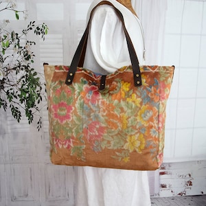 Large silk carpet bag, Floral silk carpet shouder bag, Everyday carpet bag, Rug Travel tote bag,