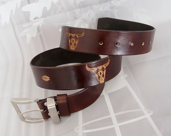 Southwestern style leather belt for men, Dark brown leather belt