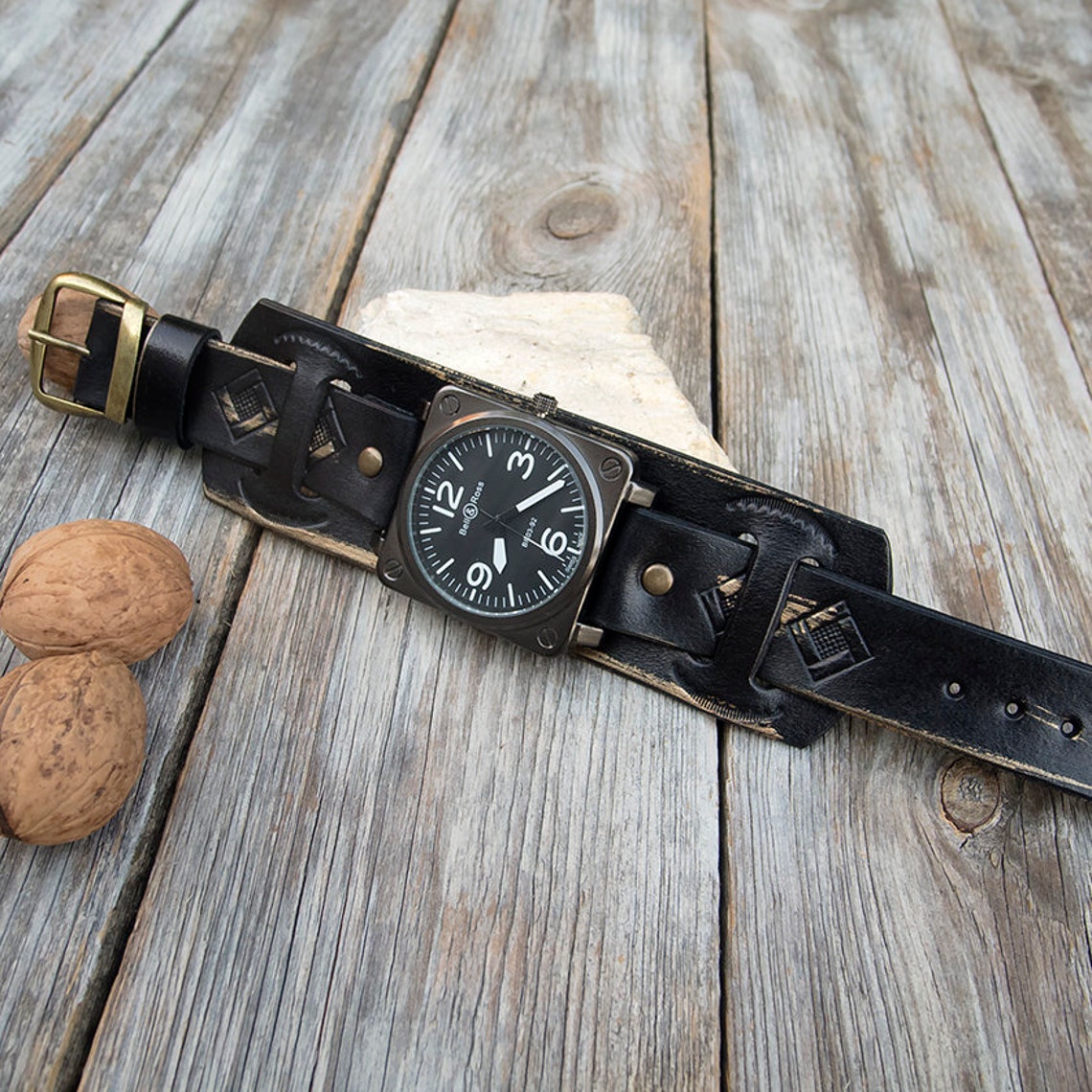 Leather Watch Mens Leather Cuff Watch Military Sport Black Etsy Canada