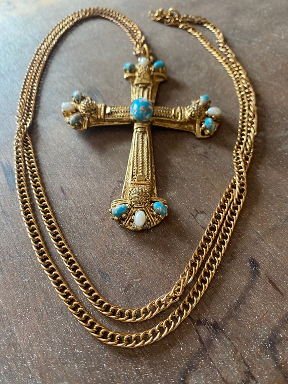 Large  Vintage Byzantine Cross necklace gold tone 