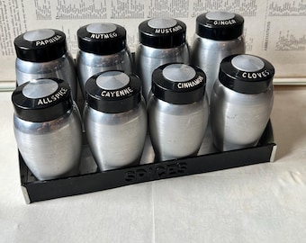 Aluminum Mid-century 9-piece Spice Canister Set and Holder by